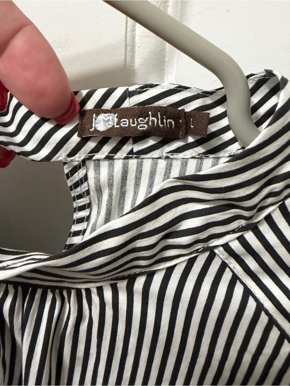 J. McLaughlin Black White Pinstripe Tie Neck Blouse Long Sleeve Large - Picture 7 of 7